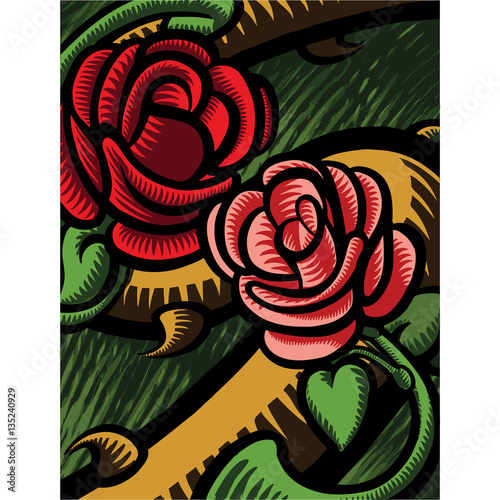 Two roses representing two lovers on the thorny branch of life.