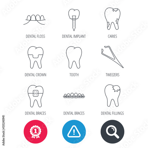 Achievement and search magnifier signs. Dental implant  floss and tooth icons. Braces  fillings and tweezers linear signs. Caries icon. Hazard attention icon. Vector