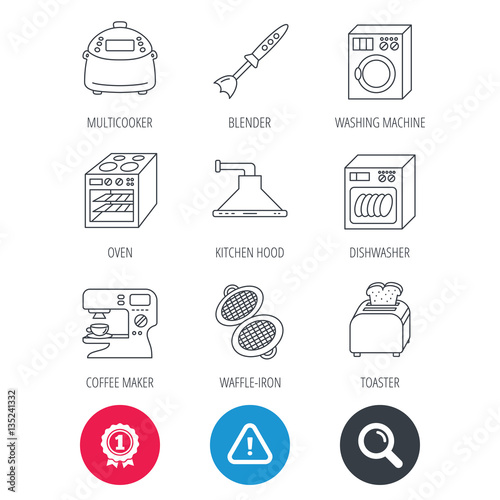 Achievement and search magnifier signs. Dishwasher, washing machine and blender icons. Kitchen hood, coffee maker and toaster linear signs. Oven, multicooker and waffle-iron icons. Vector