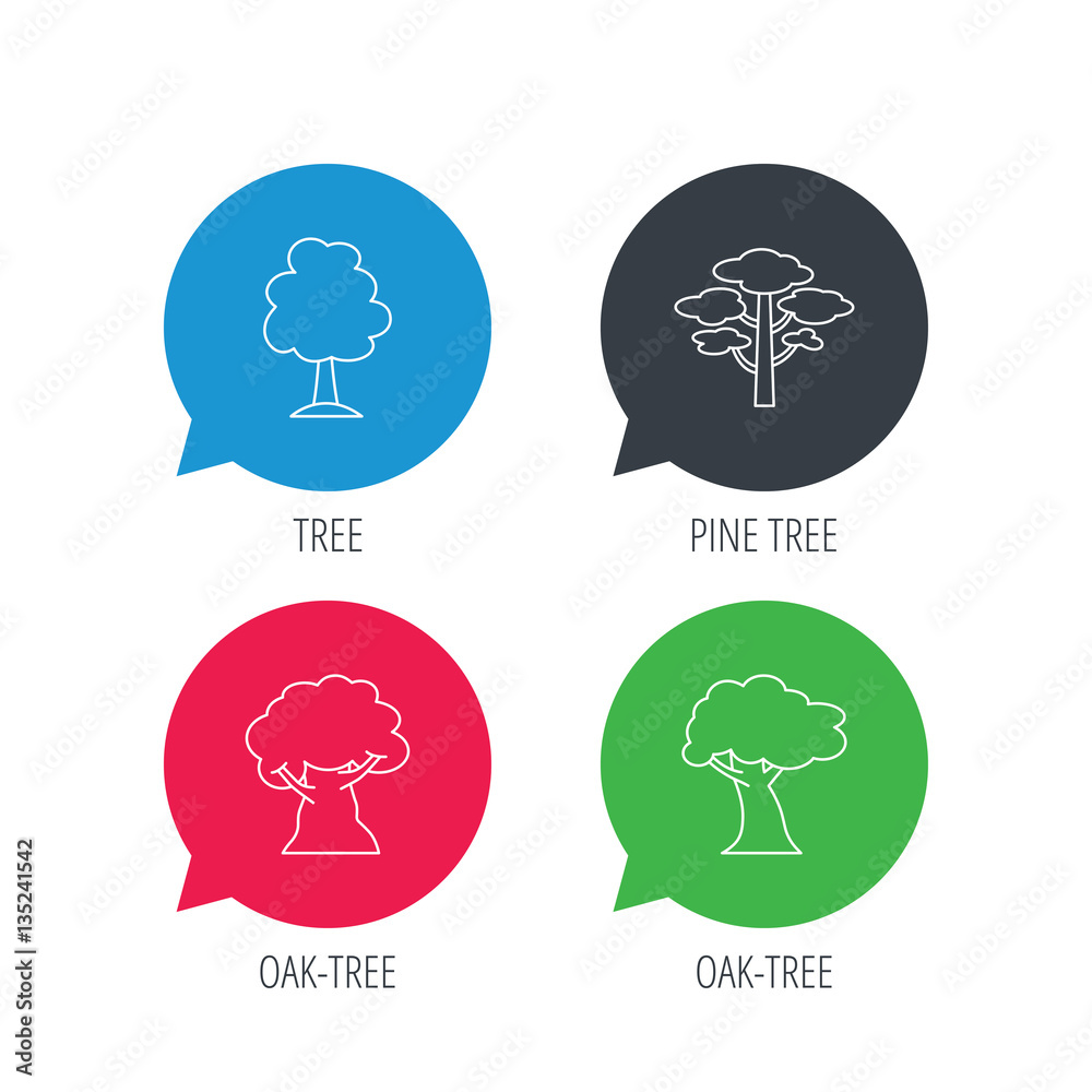 Colored speech bubbles. Pine tree, oak-tree icons. Forest trees linear sign. Flat web buttons with linear icons. Vector Colored speech bubbles. Pine tree, oak-tree icons. Forest trees linear sign. Flat web buttons with linear icons. Vector