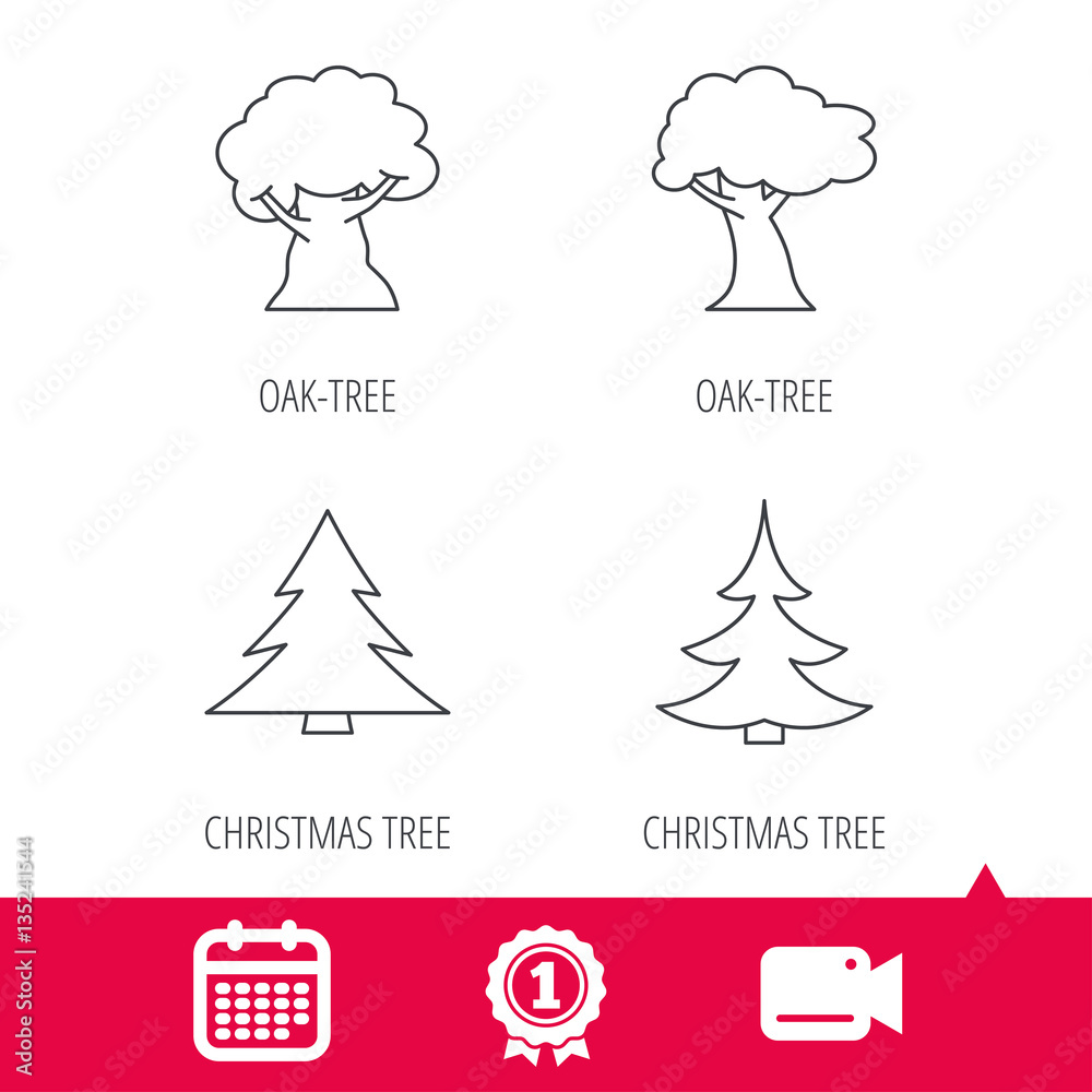 Achievement and video cam signs. Tree, oak-tree and christmas tree icons. Forest trees linear signs. Calendar icon. Vector