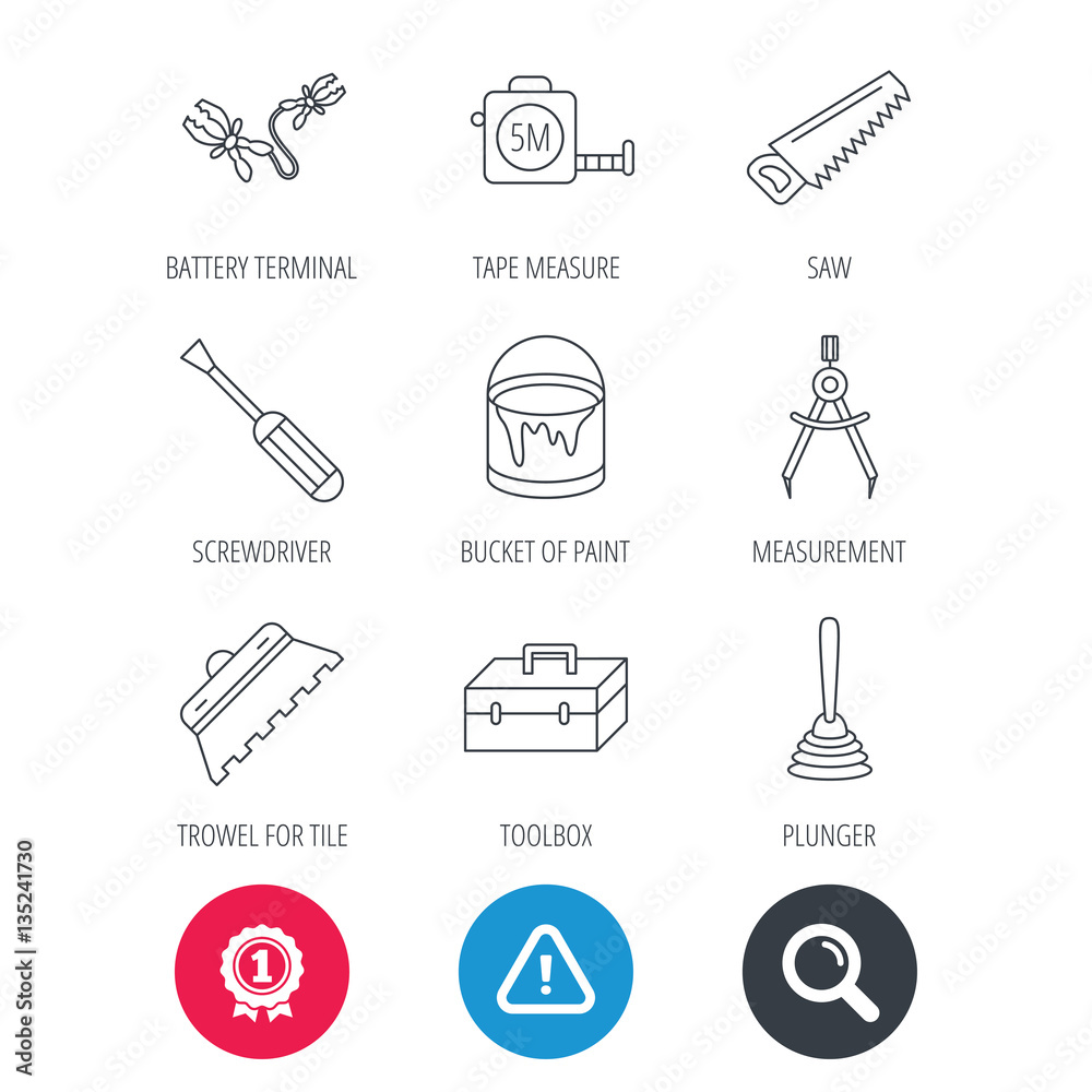 Achievement and search magnifier signs. Screwdriver, plunger and repair toolbox icons. Trowel for tile, bucket of paint linear signs. Measurement, battery terminal icons. Hazard attention icon. Vector Achievement and search magnifier signs. Screwdriver, plunger and repair toolbox icons. Trowel for tile, bucket of paint linear signs. Measurement, battery terminal icons. Hazard attention icon. Vector