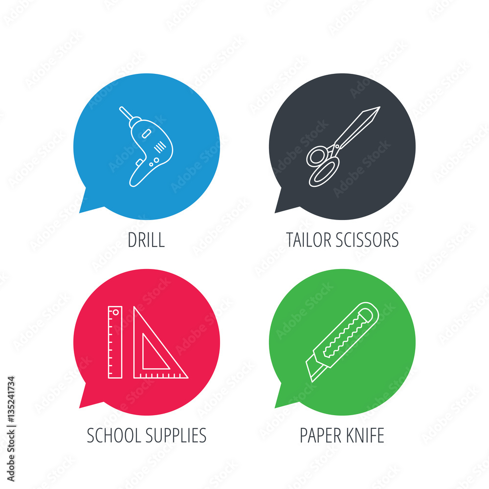 Colored speech bubbles. Paper knife, school supplies and scissors icons. Drill tool linear sign. Flat web buttons with linear icons. Vector Colored speech bubbles. Paper knife, school supplies and scissors icons. Drill tool linear sign. Flat web buttons with linear icons. Vector