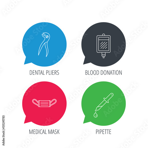 Colored speech bubbles. Medical mask  blood and dental pliers icons. Pipette linear sign. Flat web buttons with linear icons. Vector