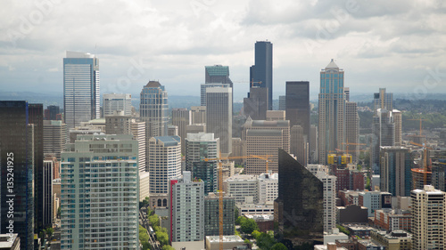 Landscape, cities, sky-scrapers, municipal landscape, architecture, height, water and city, lake, lake in city, many houses, Seattle, USA