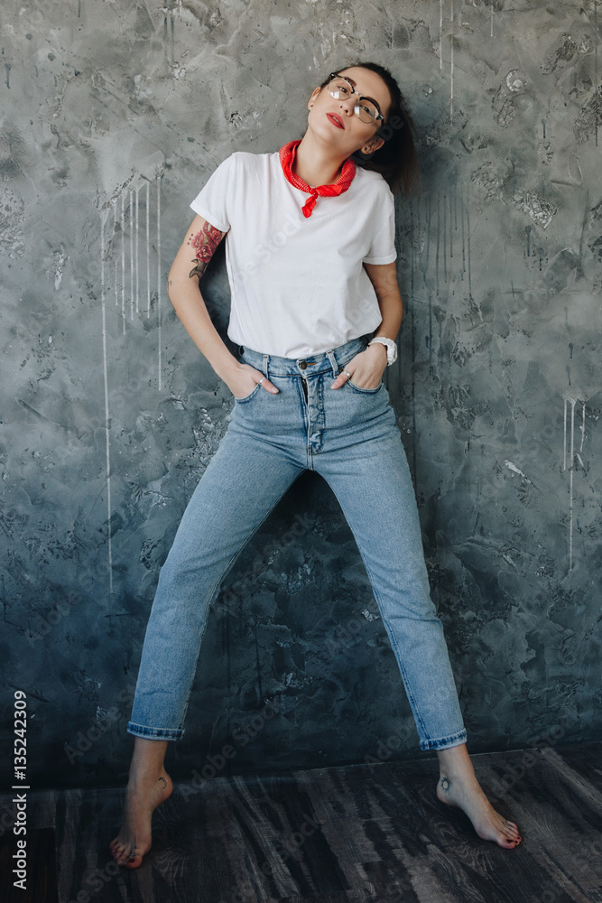 Portrait of beautiful girl dressing in 90s style fashion Portrait of beautiful girl dressing in 90s style fashion