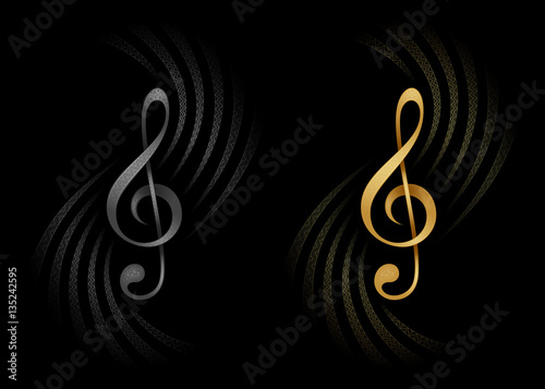 Two treble clef, silver and gold, decorated ornamental strips with geometric motifs on a black background, vector