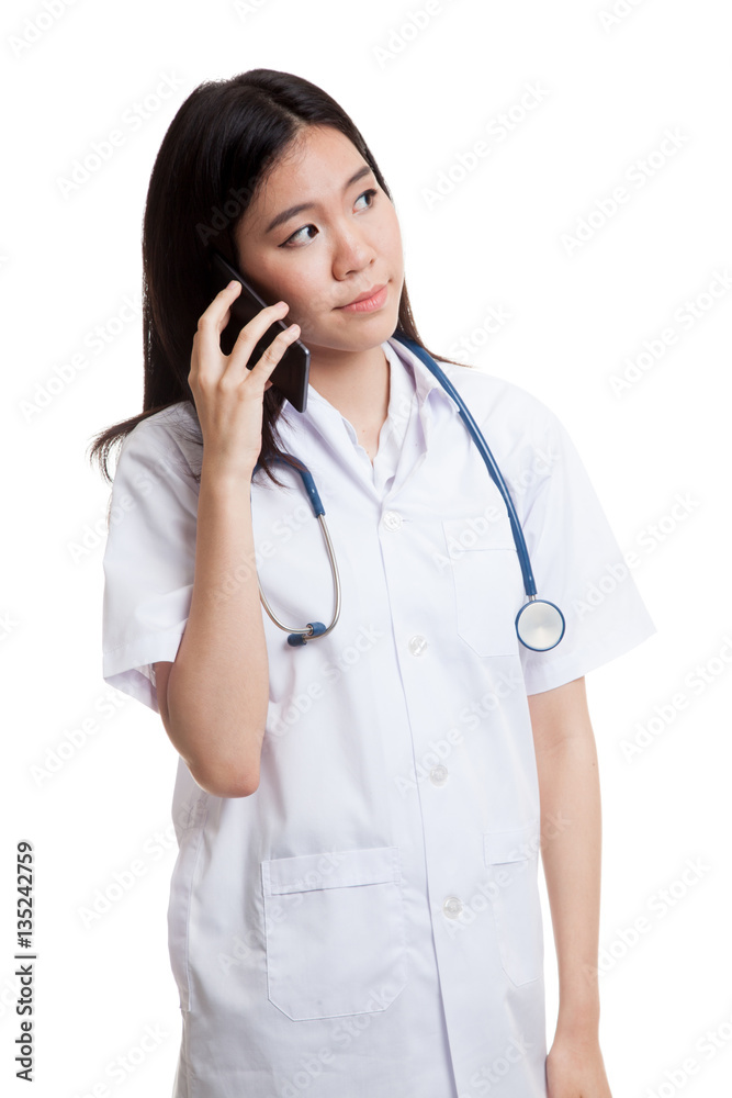 Asian young doctor woman with stethoscope use mobile phone. Asian young doctor woman with stethoscope use mobile phone.
