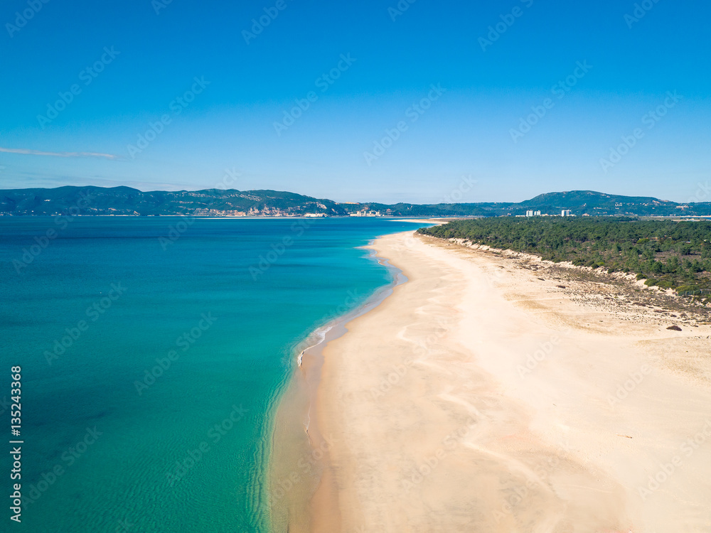 Aerial View Empty Sandy Beach with Small Waves