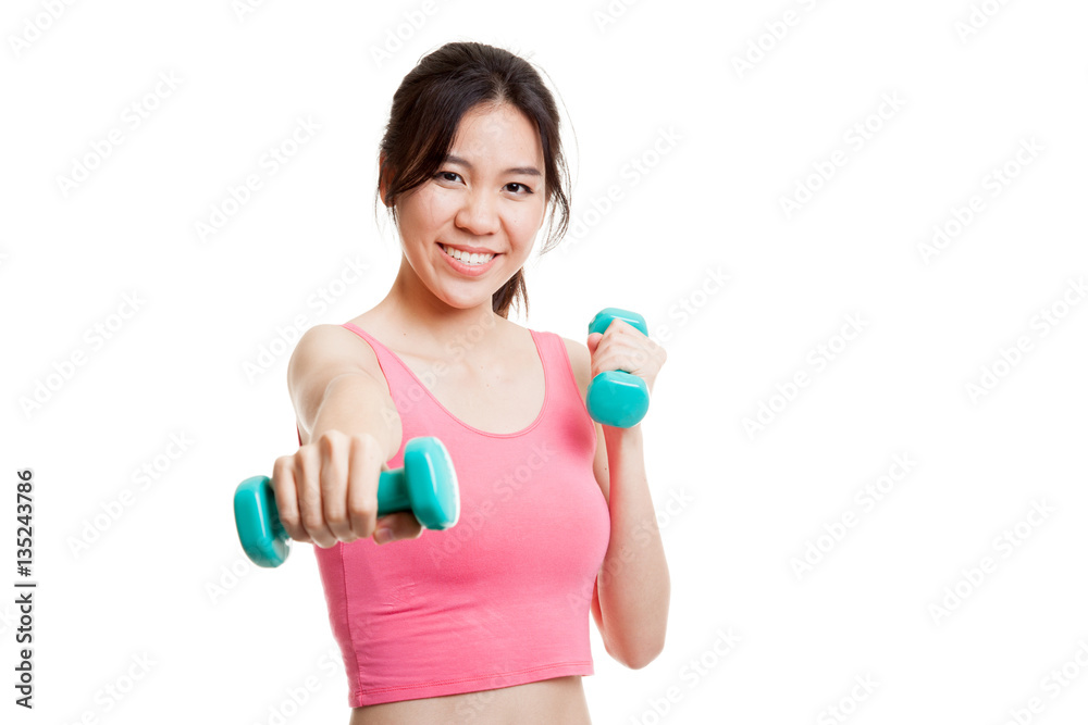Beautiful Asian healthy girl exercise with dumbbell. Beautiful Asian healthy girl exercise with dumbbell.