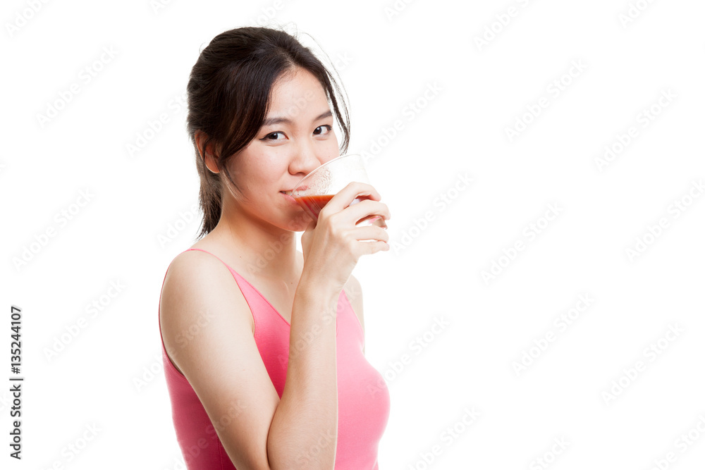 Beautiful healthy Asian girl drink tomato juice. Beautiful healthy Asian girl drink tomato juice.
