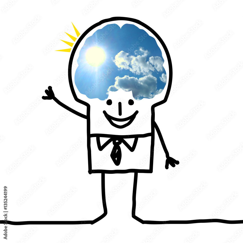 Fototapeta premium Cartoon Big Brain Man - blue sky and optimism