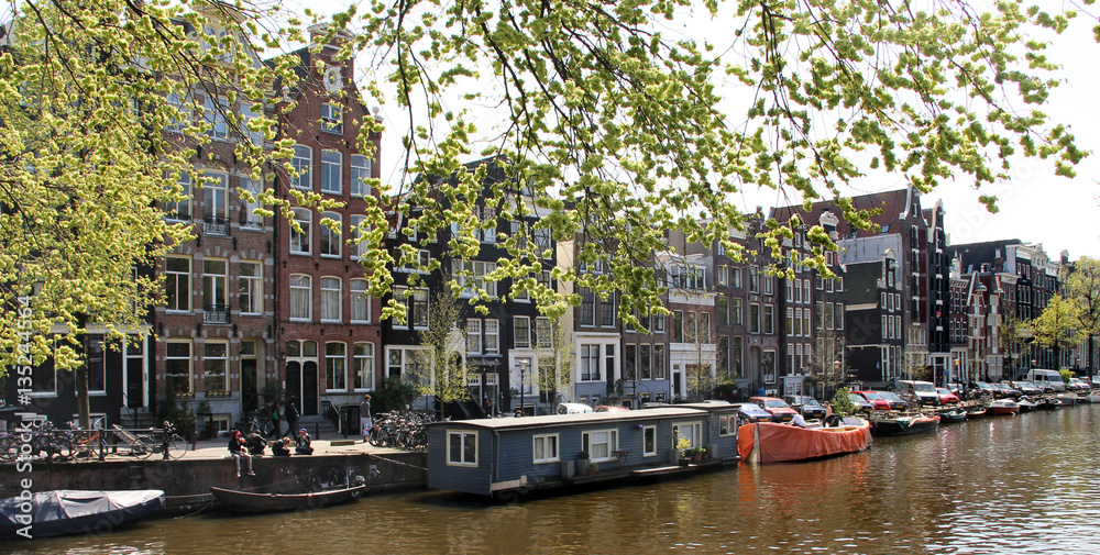 Beautiful view of Amsterdam canals in spring