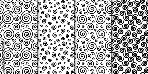 Collection of simple geometric pattern textures. Set of 4 backgrounds. Seamless repeating hand drawn texture set with swirles.
