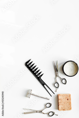 Mens hairdressing desktop with tools for shaving top view