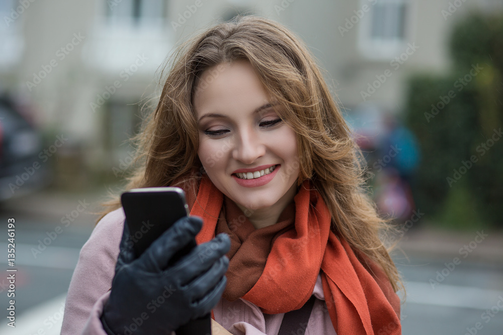 custom made wallpaper toronto digitalWoman texting. happy smiling cheerful beautiful businesswoman looking mobile cell phone