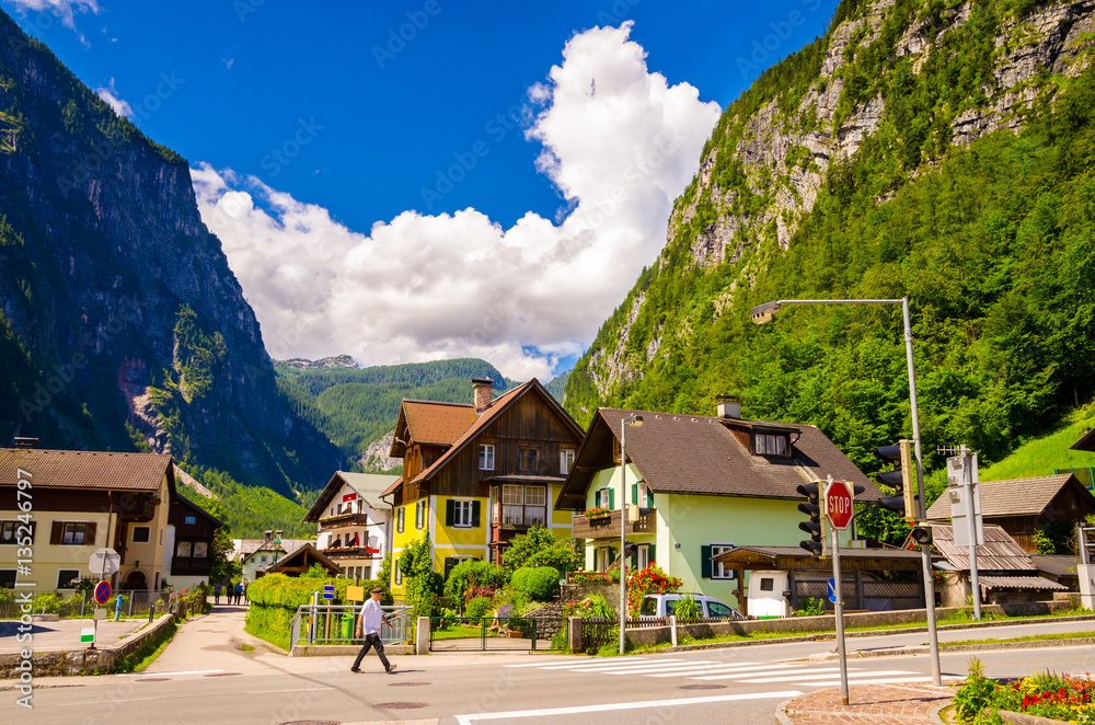 Beautiful architecture of Hallstatt village, Austrian Alps, Salzkammergut, Austria, Europe