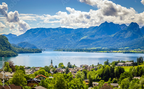 Obraz na płótnie Aerial view on Wolfgangsee lake, Salzkammergut, Austria, Europe w salonie