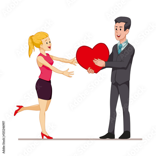 Man gives the girl a big heart. Illustration for Valentine's Day. Cartoon character isolated on white background. Vector, EPS10.