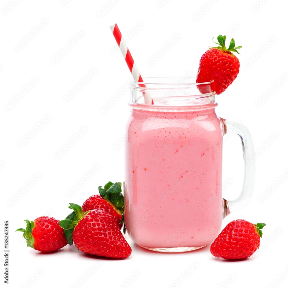Glass of cherry smoothie, straws and ingredients on white wooden table  Stock Photo by AtlasComposer