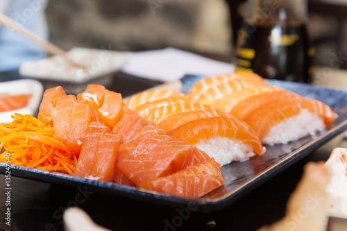 Fresh Salmon Sushi and Sashimi in a Restaurant