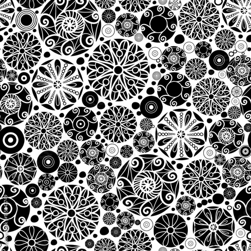 Vector Black and White Abstract Doodle Circles Seamless Pattern Background. G...