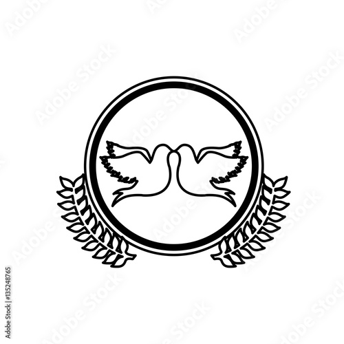 monochrome pigeons attached by the peak in circle with olive branchs vector illustration
