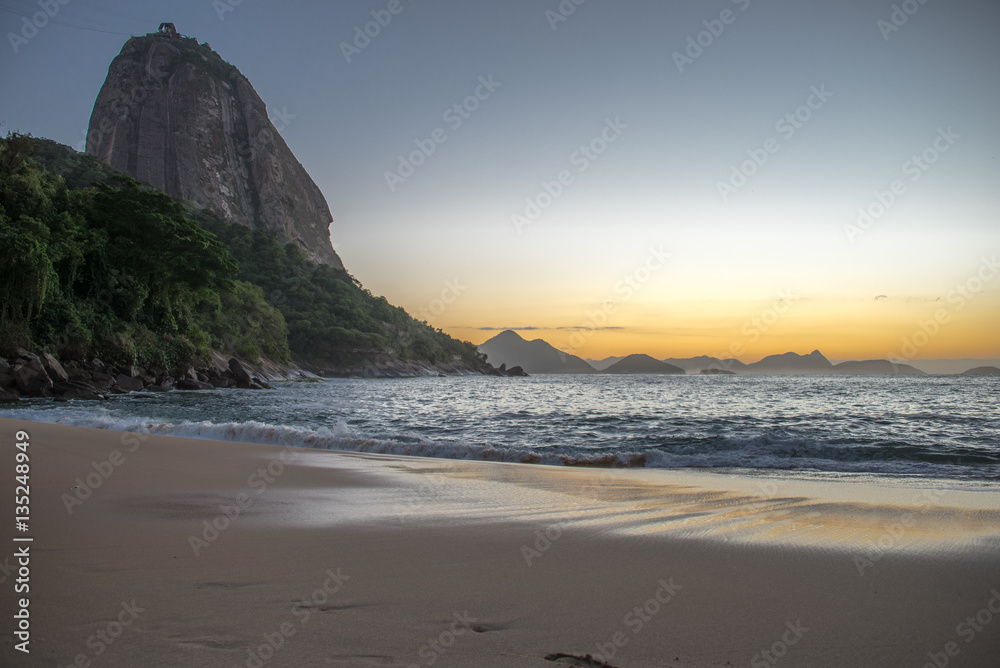 Beautiful Sunrise at the Red Beach, Praia Vermelha, with the Sugarloaf Mountain, Rio de Janeiro, Brazil