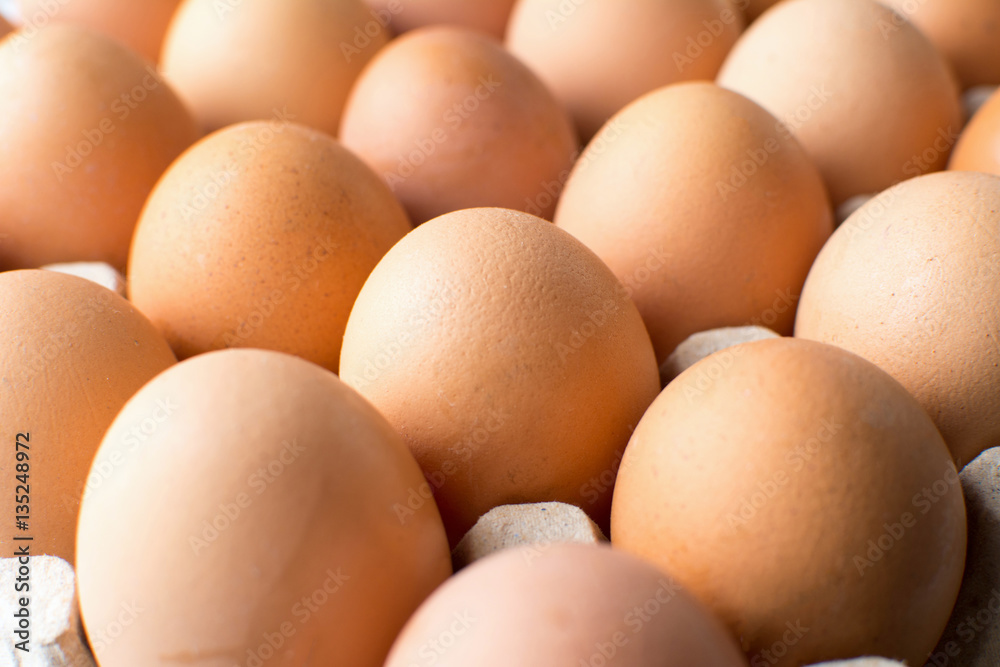 Bunch of chicken eggs in cardboard box