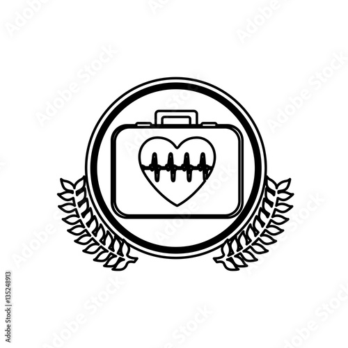 monochrome firts aid kit with symbol line of vital sign in heart inside circle with olive branchs vector illustration