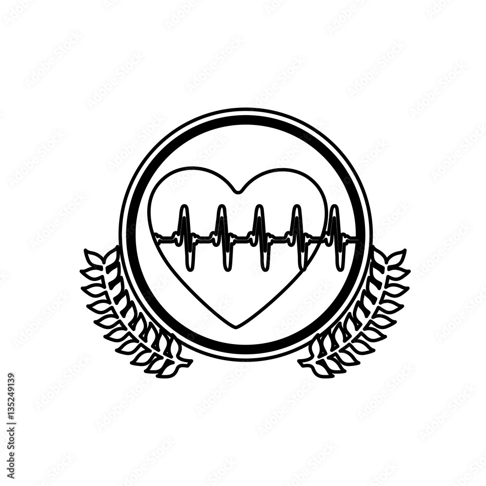 monochrome circle with olive branchs and heart with line vital sign vector illustration monochrome circle with olive branchs and heart with line vital sign vector illustration