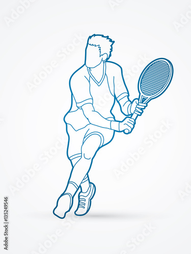 Man tennis player action outline graphic vector.