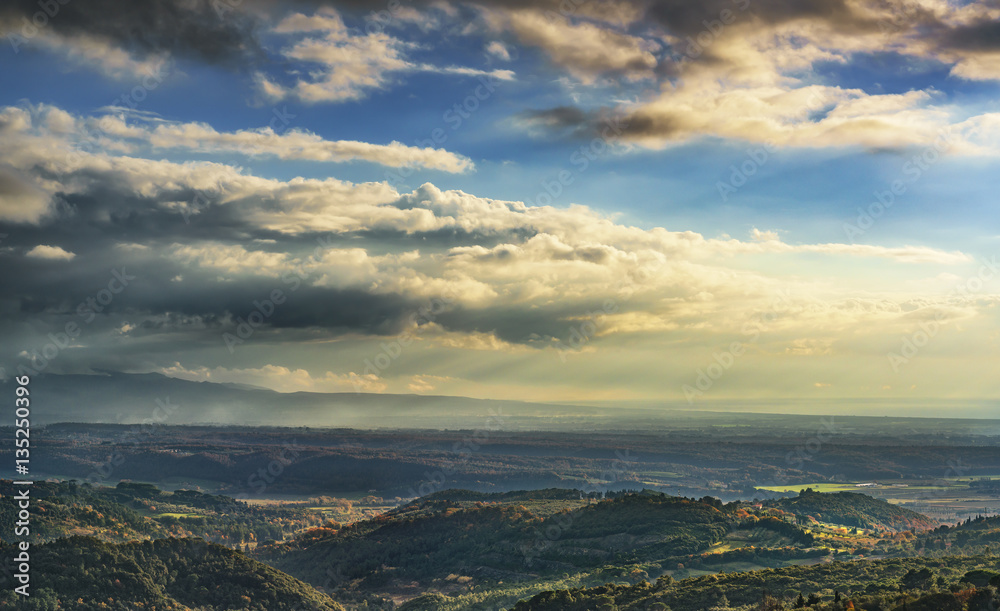 Maremma panorama. Countryside, hills and sea. Tuscany, Italy