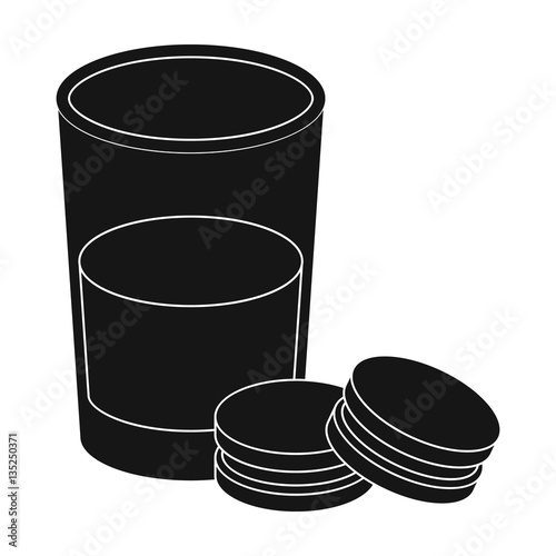 Glass of milk with cookies icon in black style isolated on white background. Sleep and rest symbol stock vector illustration.