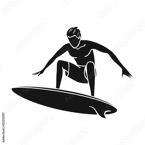 Surfer in action icon in black style isolated on white background. Surfing symbol stock vector illustration.