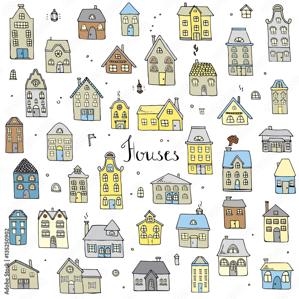 Hand drawn doodle street homes icons set. Vector illustration. Cottage symbol collection. Cartoon village buildings various sketch architectural elements: residential houses, housing, property