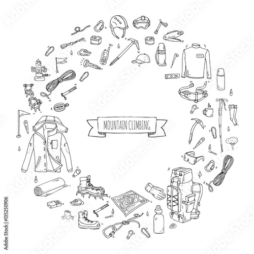 Hand drawn doodle Mountain Climbing icons set. Vector illustration. Mountaineering equipment collection. Cartoon sketch elements for trekking, hiking, tourism, expedition, camping, outdoor recreation.
