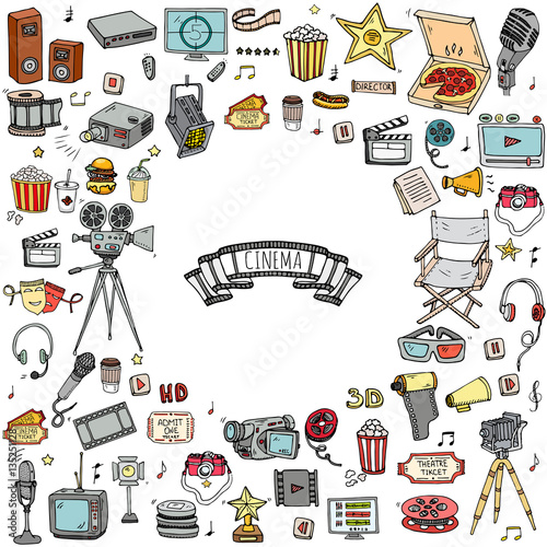 Hand drawn doodle Cinema set. Vector illustration. Movie making icons. Film symbols collection. Cinematography freehand elements: camera, film tape, photo camera, pizza, popcorn, projector, microphone