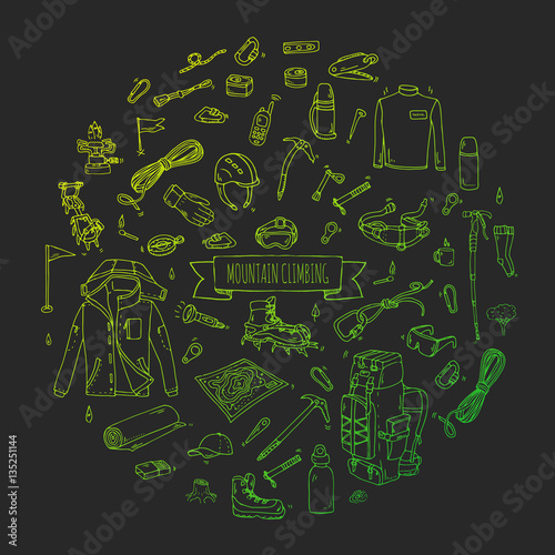 Hand drawn doodle Mountain Climbing icons set. Vector illustration. Mountaineering equipment collection. Cartoon sketch elements for trekking, hiking, tourism, expedition, camping, outdoor recreation.