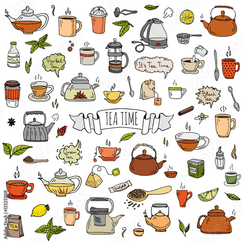 Hand drawn doodle Tea time icon set. Vector illustration. Isolated drink symbols collection. Cartoon various beverage element: mug, cup, teapot, leaf, bag, spice, plate, mint, herbal, sugar, lemon.