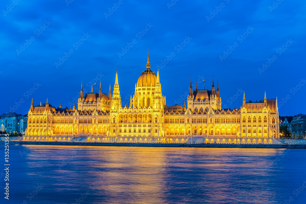 Fototapeta premium Hungarian Parliament and Budapest city skyline at night, Budapest, Hungary