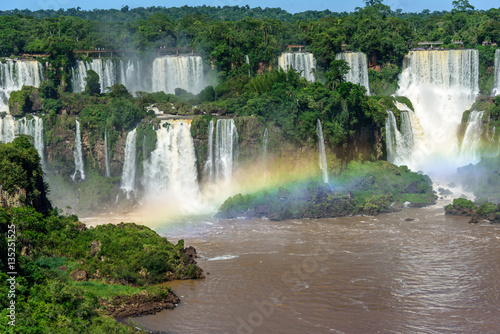 Aerial view of waterfalls cascade of Iguazu Falls with extensive tropical forest and beautiful rainbow in Iguacu National Park  UNESCO World Heritage Site  Foz de Iguacu  Parana State  Brazil