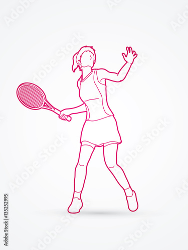 Woman tennis player action outline graphic vector.