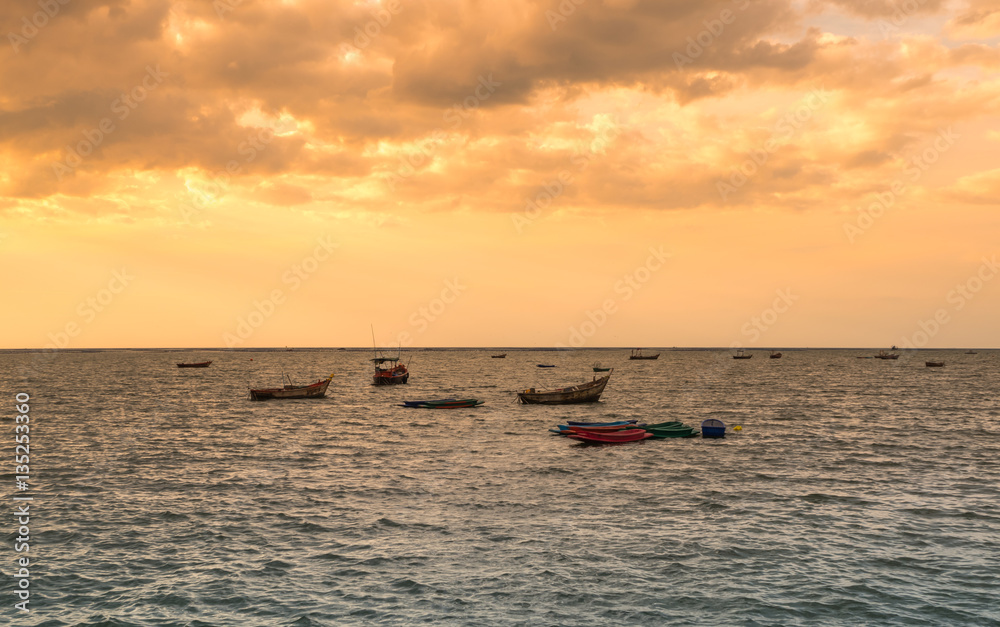 Silhouette of Small Ships in The Sea at Twilight Time Silhouette of Small Ships in The Sea at Twilight Time