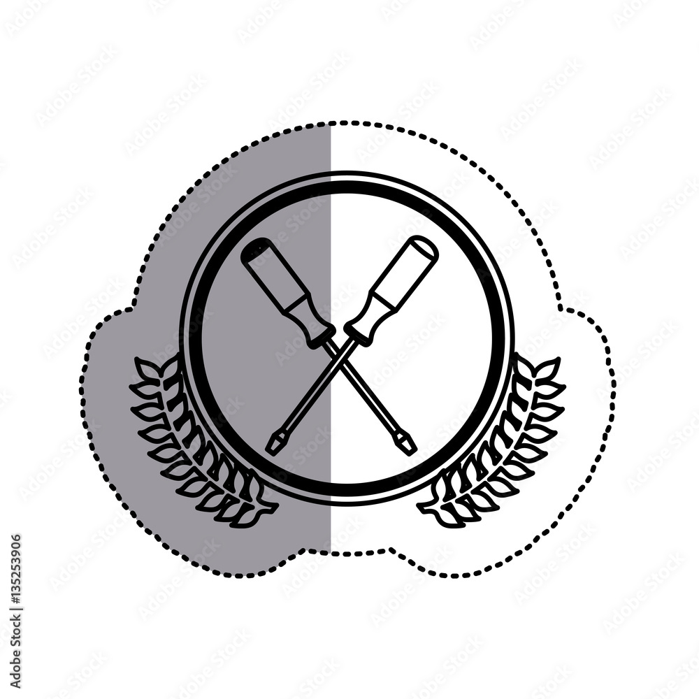 monochrome contour sticker circle with crossed screwdrivers and olive branchs and middle shadow vector illustration monochrome contour sticker circle with crossed screwdrivers and olive branchs and middle shadow vector illustration