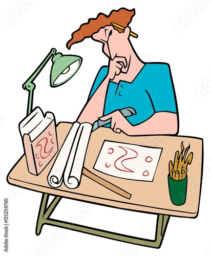 Graphic Designer At Work, Thinking about his set of designs