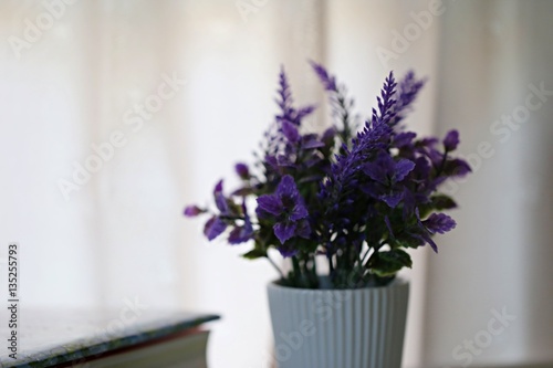 Flower vase on window soft focus background. vintage flower vase and curtain background