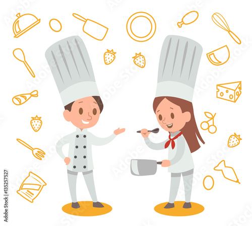 Happy kids is cooking and having fun in the kitchen vector desig