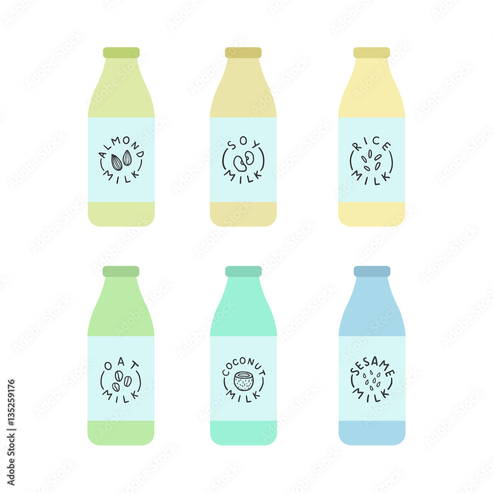 Bottles with plant based milk. Soy and almond, cashew, soy, sesame, oat. Vector hand drawn illustration