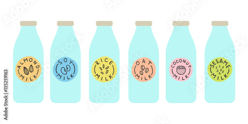 Bottles with different variation of plant based milk. Vector hand drawn illustration